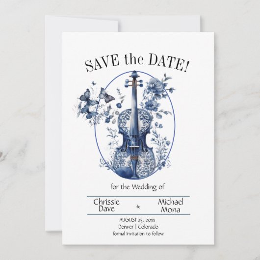 Elegante Witte & Blauwe Vioolbruiloft Save The Date (Voorkant)