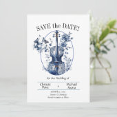 Elegante Witte & Blauwe Vioolbruiloft Save The Date (Staand voorkant)