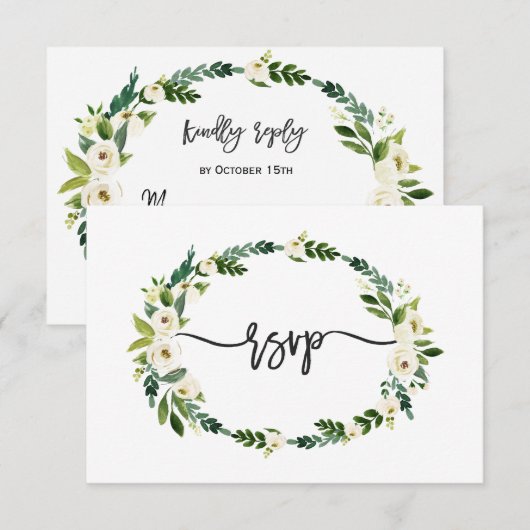 Elegante witte bloeiende bloemige handgeschreven R RSVP Kaartje (Voorkant / Achterkant)