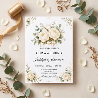 Elegante witte bloem- en gouden trouwringen kaart
