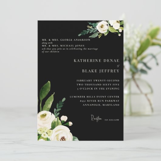 Elegante witte bloem en zwarte crème beide ouders kaart (Staand voorkant)