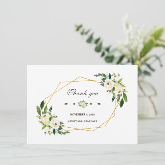 Elegante witte bloem gouden lijst bruiloft bedankt (Staand voorkant)
