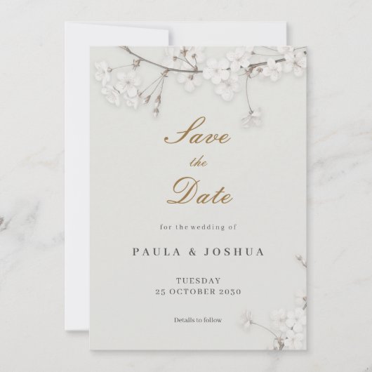 Elegante witte bloem gouden script Bewaar de datum Save The Date (Voorkant)