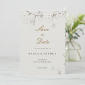 Elegante witte bloem gouden script Bewaar de datum Save The Date (Staand voorkant)