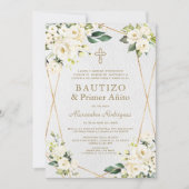 Elegante Witte Bloem Spanish 1e Verjaardag Doopfee Kaart (Voorkant)