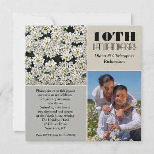 Elegante witte bloemen 10 jarig jubileum foto uitn kaart (Voorkant)