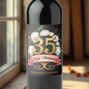 Elegante witte bloemen 35e bruiloft Jubileum Wijn Etiket