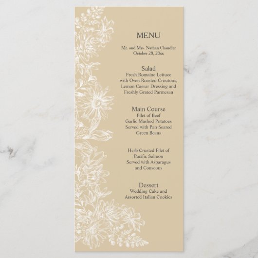 Elegante witte bloemen bruiloft receptie menu (Voorkant)