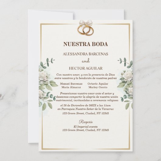 Elegante witte bloemen en groen uitnodiging (Voorkant)