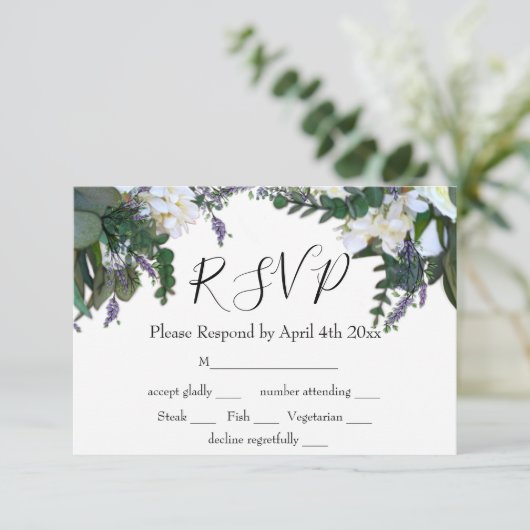 Elegante witte bloemen eucalyptus lavendel RSVP (Staand voorkant)