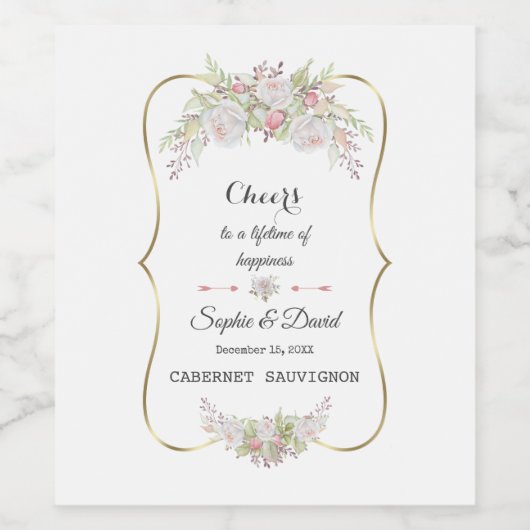 Elegante witte bloemen gouden Lijst bruiloft Wijn Etiket (Enkel label)