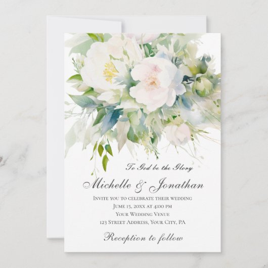 Elegante Witte Bloemen Groene Christelijke Bruilof Kaart (Voorkant)