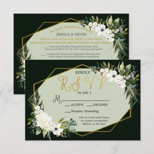 Elegante Witte Bloemen Zwart & Goud Geometrisch RSVP Kaartje (Voorkant / Achterkant)