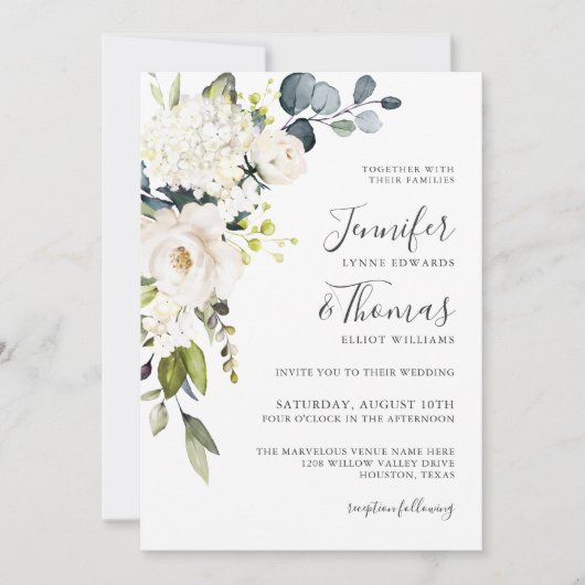 Elegante witte bloemenbruiloft met QR-code Kaart (Voorkant)