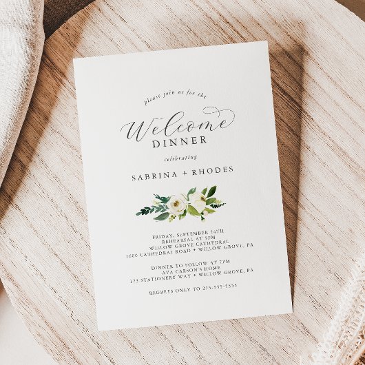 Elegante witte bloemenbruiloft welkomstdiner kaart