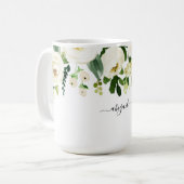 Elegante witte bloemengebruik naam koffiemok (Voorkant links)