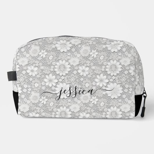Elegante witte bloemenkant patroon scriptnaam toilettasje (Voorkant)