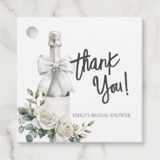 Elegante witte bloemige brunch en bubbels bedankjes labels