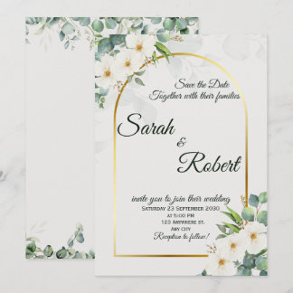 Elegante Witte Bloemige Gouden Boog Trouwuitnodigi Kaart