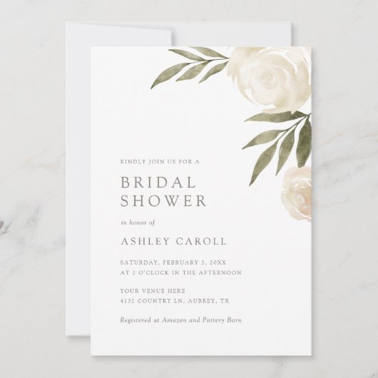 Elegante witte bloemige groene bruidsdouche uitnod kaart (Voorkant)