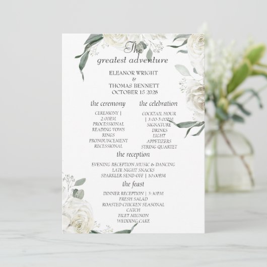 Elegante witte bloemige groene huwelijksprogramma  programma (Staand voorkant)