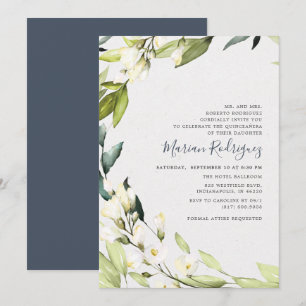 Elegante witte bloemige groene krans Quinceañera Kaart