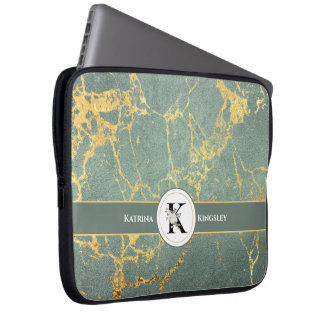 Elegante witte bloemige monogram & naam teal marme laptop sleeve