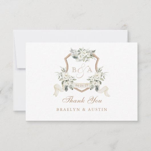 Elegante witte bloemige saliegroene huwelijks cres bedankkaart (Voorkant)