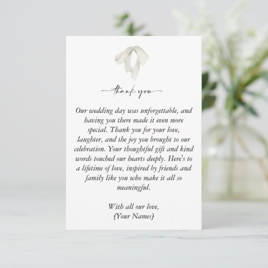 Elegante witte boog binden van de knoop bruiloft bedankkaart (Staand voorkant)