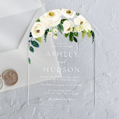 Elegante witte botanische trouwboog acryl uitnodigingen