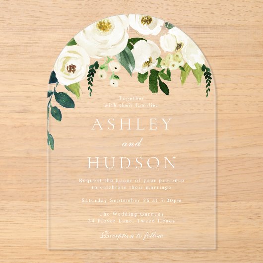 Elegante witte botanische trouwboog acryl uitnodigingen (Voorkant)