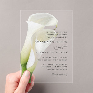Elegante witte Calla lelies bloemenbruiloft Acryl Uitnodigingen