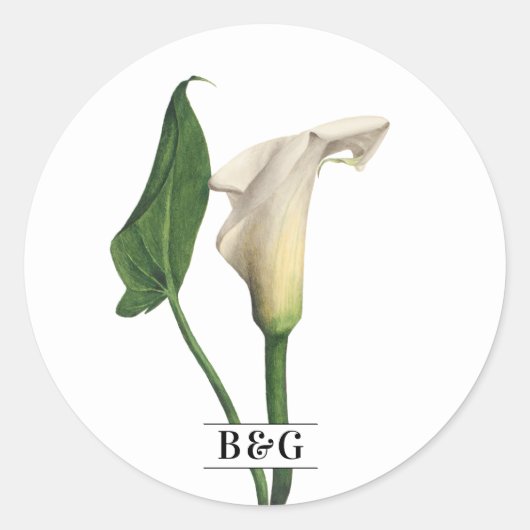 Elegante witte Calla Lily Groene Botanische Bruilo Ronde Sticker (Voorkant)