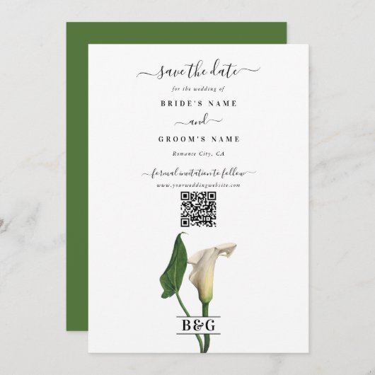 Elegante witte Calla Lily Groene Botanische Bruilo Save The Date (Voorkant / Achterkant)