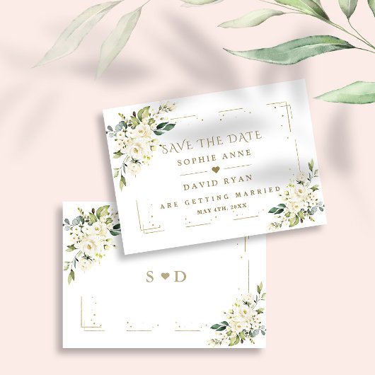 Elegante witte crème bloemen gouden glitter bruilo save the date