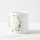 Elegante witte crème bloemen gouden kruis doop koffiemok (Voorkant links)