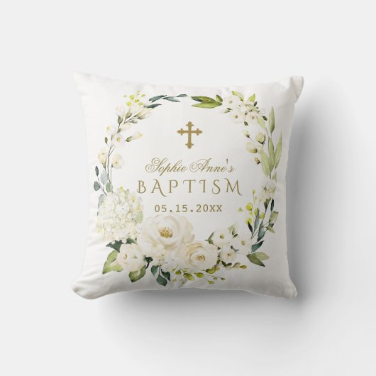Elegante witte crème bloemen gouden kruis doop kussen (Voorkant)