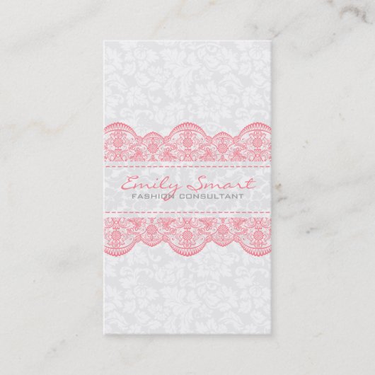 Elegante witte  Damasks roze kant Visitekaartje (Voorkant)