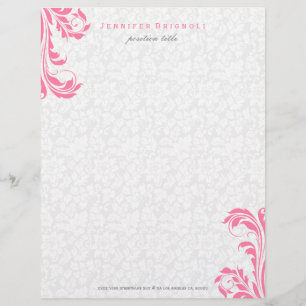 Elegante witte damast roze bloemenwerveling gepersonaliseerd briefhoofd