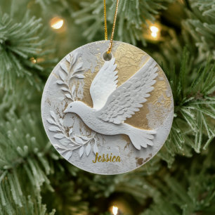 Elegante witte duif met gouden aanpasbare naam keramisch ornament