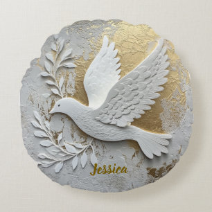Elegante witte duif met gouden naam rond kussen