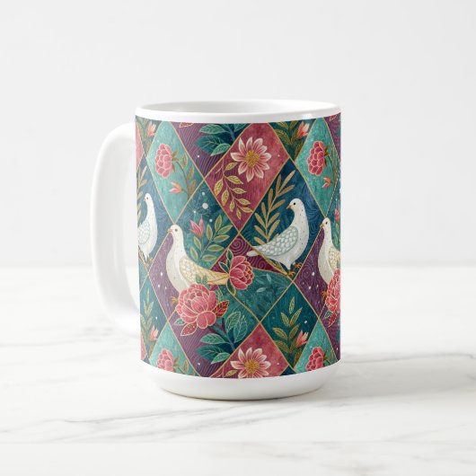 Elegante Witte Duiven Roze Bloemen & Goud Geometri Koffiemok (Voorkant links)