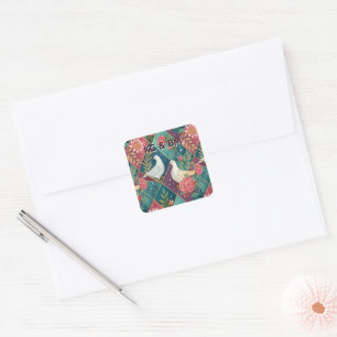 Elegante Witte Duiven Roze Bloemen & Goud Geometri Vierkante Sticker