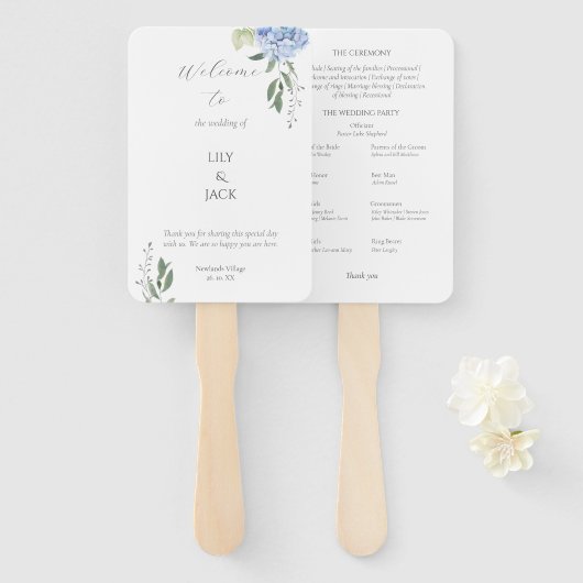 Elegante Witte en Blauwe Hydrangea Set van Ventila Handwaaier (Voorkant en achterkant)