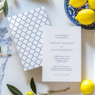 Elegante witte en blauwe mediterrane bruiloft kaart