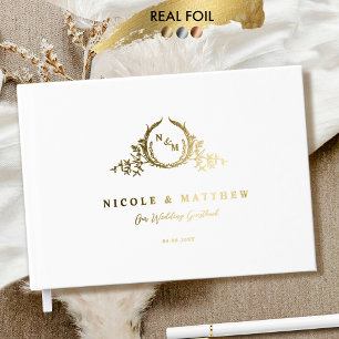 Elegante witte en echte Folie monogram bruiloft Gastenboek