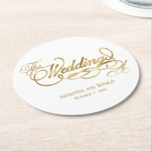 Elegante witte en faux gouden kalligrafie bruiloft ronde kartonnen onderzetter