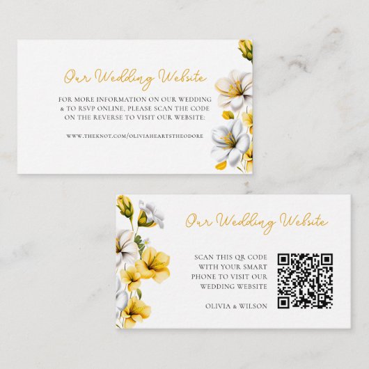 Elegante witte en gele bloemen bruiloft website QR Informatiekaartje (Voorkant / Achterkant)
