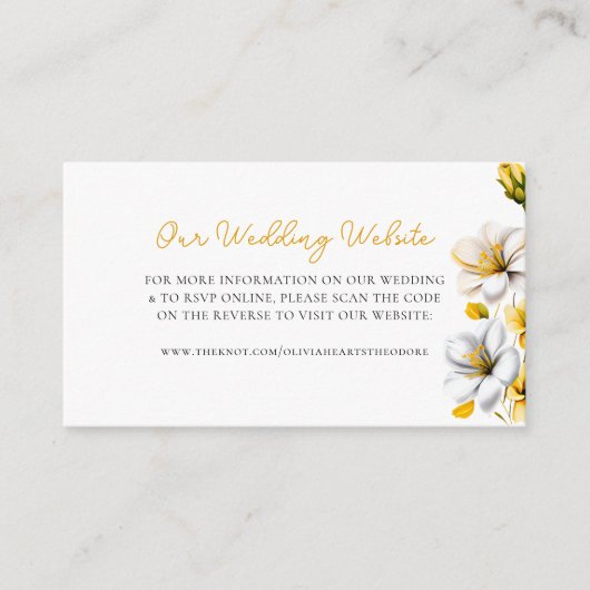 Elegante witte en gele bloemen bruiloft website QR Informatiekaartje (Voorkant)