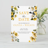 Elegante witte en gele bloemenbruiloft save the date (Staand voorkant)